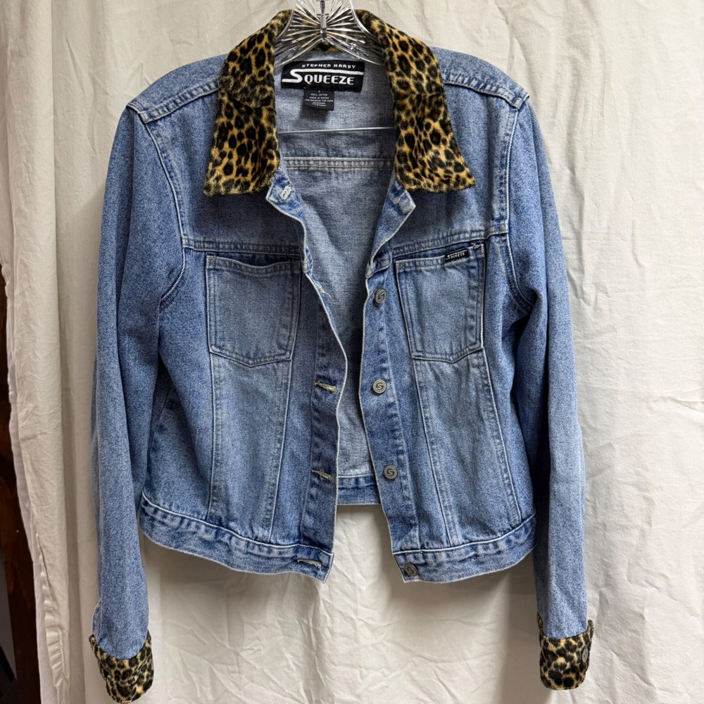 Stephen Hardy Y2K Squeeze Denim Jacket Leopard Faux Fur Collar Cuffs Blue Wash L